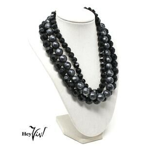 Vintage 3 Strand Necklace Black and Silver Swirl Faceted Beads 19" Long- Hey Viv